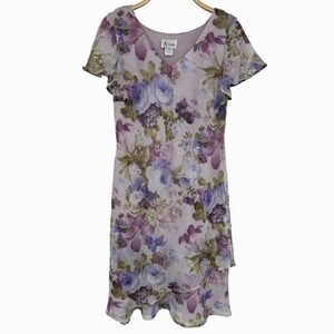 Vintage K Studio Dress Size 12 Purple Floral Chiffon Short Sleeve Midi Fairycore